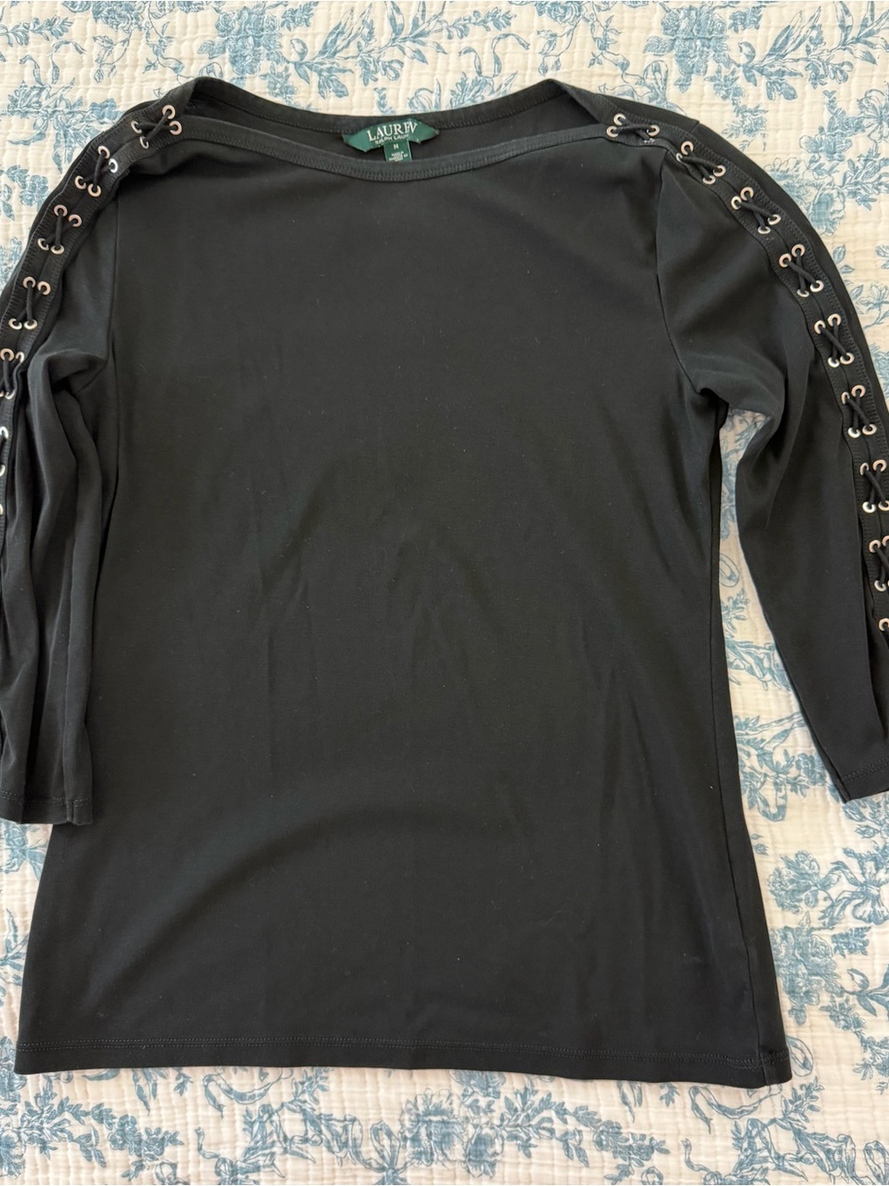 LAUREN Ralph Lauren Black Long Sleeve Top with Grommet Lace-Up Sleeves